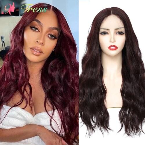 X-TRESS 99J Red Wig Synthetic Lace Front Wigs For Black Women Ombre Red Wine Natural Wave Wig Glueless High Temperature Fiber
