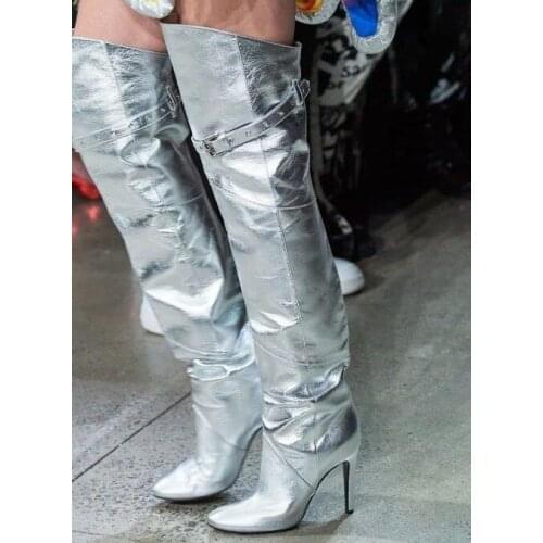 New Arrivals Silver Mirror Leather Boots Runway Women Winter Boots Strap Buckle High Heel Fashion Over The Knee Boots Customized