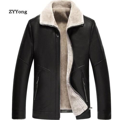 Winter Leather Jacket Men Jacket Black Fleece Fur Collar Windproof Parka Coat Overcoat Plus Velvet Warm PU Casual Brown Outwear