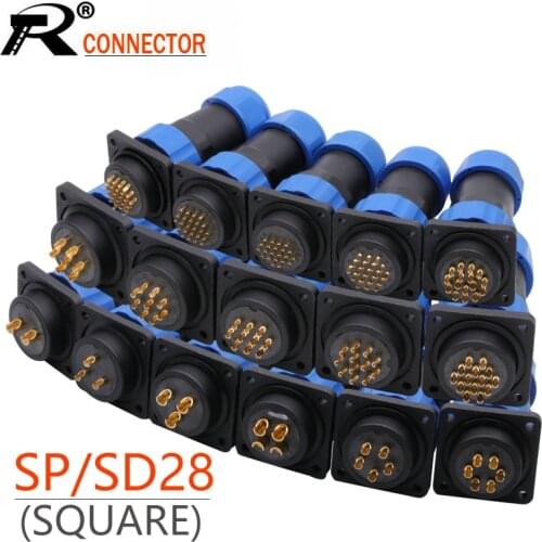 10Sets/lot SP/SD28 IP68 Waterproof Aviation Plug Socket Male+Female 28MM 2/3/4/5/6/7/9/10/12/14-26Pin 4Hole Square Panel Mount