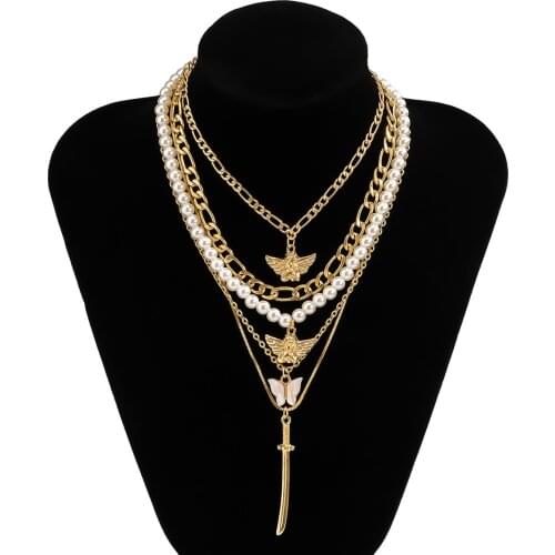 5PCS Kpop Gothic Long Sword Angel Butterfly Pendants And Necklaces Women Athestic Metal Pearl Neckalce Choker Streetwear Jewelry