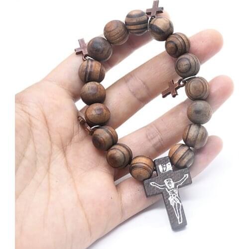 Mens Christian Jesus Cross Bracelets Elastic Black/Brown Wooden Beads Chain Bracelet Church Religious Car Hangings Jewelry