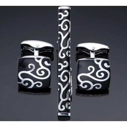 DY A set of high quality Black Enamel Silvery Tie Clip pattern Cufflinks fashion men tie clip French Cufflinks free shipping