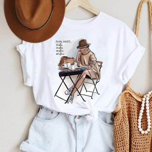 T-shirts Cartoon Printing Clothes Coffee Women Casual Fashion Graphic Trend Cute Lovely Short Sleeve Tshirt Top Lady Female Tee