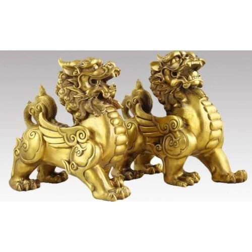 Chinese Pure Brass talisman Fengshui Evil Door Fu Foo Dog Lion beast kylin Pair