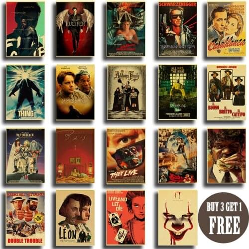 Classic Movie Collection 4 Posters Beetlejuice Lucifer Killl Bill Vintage Poster Art Painting Home Room Bar Decor Wall Stickers