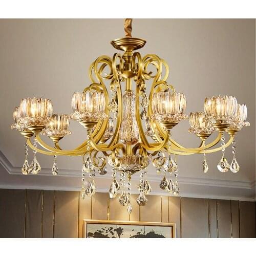 European style copper crystal chandelier living room lamp luxury villa crystal copper lamp bedroom dining room lamp