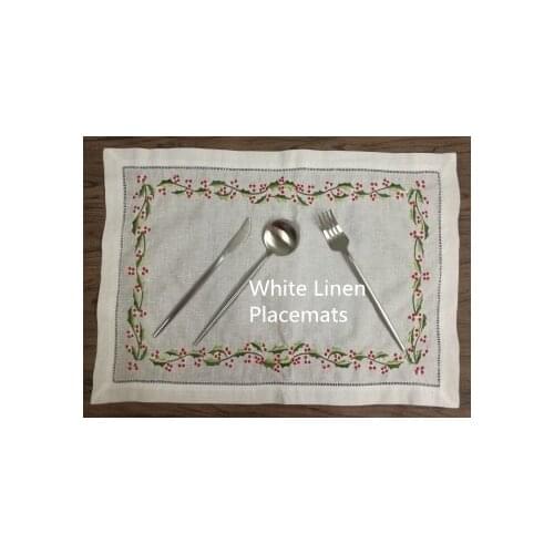 Set of 12 Fashion Table Cloth White Hemstitch Linen Table Runner /Placemats with embroidered Floral for elegant lunch or dinner