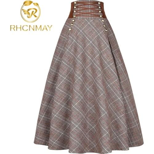 New 2020 Autumn Women Skirts Vintage Elegant Tweed Houndstooth Skirt With Belt Fashion Office Ladies Chic Plaid Big Swing Skirt