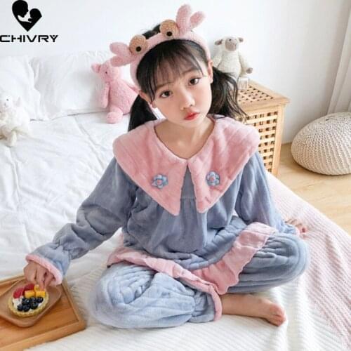 New 2021 Kids Flannel Pajama Sets Baby Girls Autumn Winter Warm Home Wear Children Cute Lapel Long Sleeve Sleeping Clothing Sets