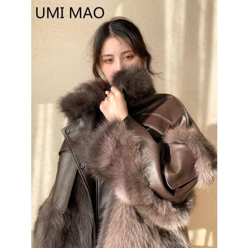 UMI MAO 2021 Winter New Fox Real Mink Fur Coat Female Stitching Sheep Leather Retro Style Young Mid-length Jacket Femme
