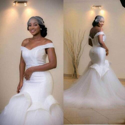 Custom Made African Mermaid Wedding Gown Bridal Dresses Off-Shoulder Lace-up Backless Sweep Train Sheath Princess Dress