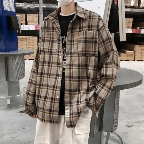 Spring Plaid Shirt Men Fashion Retro Casual Shirt Wild Loose Long Sleeve Shirts Mens Streetwear Society Men Dress Shirt