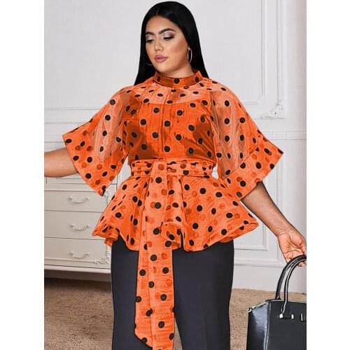 Sexy See Through Tops 3/4 Sleeve Black Polka Dot Organze White Orange Women Blouse Evening Party Plus Size Shirt Tops with Belt
