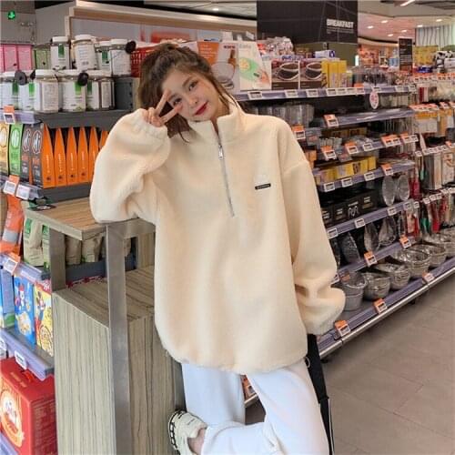 Autumn Winter Green Hoodies Women Imitation Lamb Velvet Short Plus Velvet Thick Hooded Sweatshirt Female Loose Student Jacket