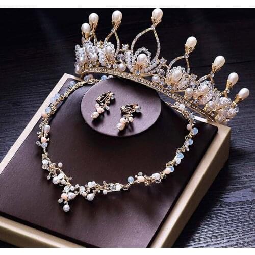 Baroque Wedding Pearl Tiara Bride Crown Golden Bridal Hair Accessories Hairwear Party Jewelry Bride Jewellery Set Big Headpieces