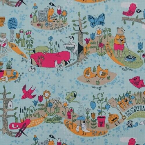 1 yard Polyester/PVC coated Waterproof Fabric for bag, handmaking, Bear, Bird, Tree and flower on Blue background (width=140cm)