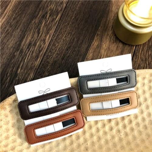2020 Korean New Vintage Hollow Out Geometric Rectangle Pu Leather Hairpins Hair Clips For Women Girls Hairgrips Wholesale