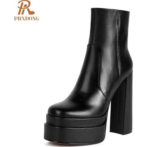 2021 Top Quality Ladies Boots Genuine Leather Women Ankle Boots Zipper High Heel Platform Female Shoes Concise Retro Black White