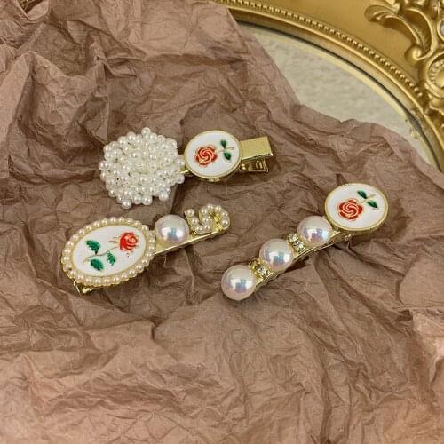 2021 New Korean Enamel Rose Flower Simulated Pearl Hair Accessories Clips Grips For Women Barrette Headwear Party Gift
