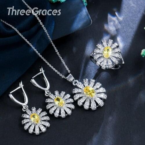 ThreeGraces 2020 Summer Yellow Crystal Flower Clear Cubic Zircon Necklace Earrings and RingJewelry Sets Set for Women Gift JS185