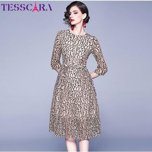 TESSCARA Women Spring Summer Elegant Leopard Lace Dress Festa Female Cocktail Party Robe High Quality Vintage Designer Vestidos