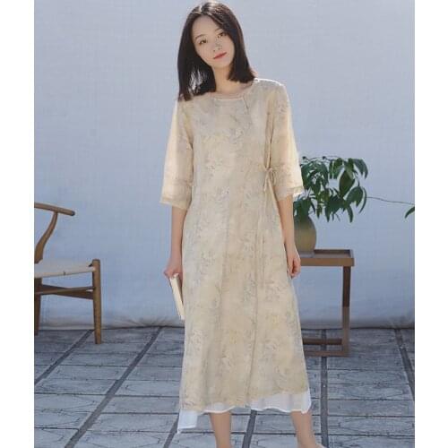 SCUWLINEN 2020 Spring Summer Women Dress Retro Print Elegant O-neck Three Quarter Lacing Long Ramie Dress S1047