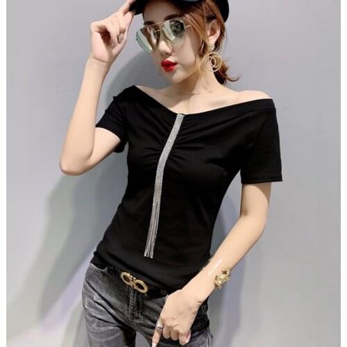 #5961 Summer Sexy T Shirt Women Slash Neck Basic Off Shoulder T-shirt Female Short Sleeve Basic Tee Shirt Femme Diamonds Tassel