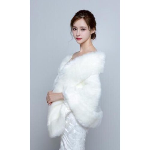 White Ivory Faux Fur Coat Wedding Wraps Shawl Bolero Jacket Womens Winter Bridal Shrug