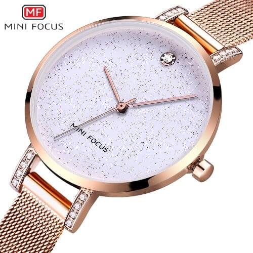 MINI FOCUS Leisure Ladies Watch Rose Gold Ultra Thin Mesh Strap Crystal Elegant Dress Quartz Analog Clock Women Wrist Watches