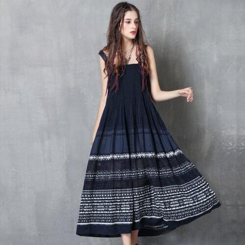 DUISNENA long boho dark blue dress strap Pleated skirt summer dress floral Embroidery women dress vestidos