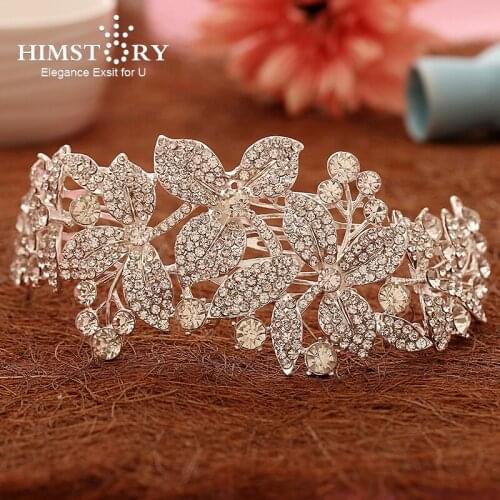 Himstory Sparkling crystal rhinestone flowers and leaves wedding accessories Bride Hair Jewelry Headpieces Princess Hair Band