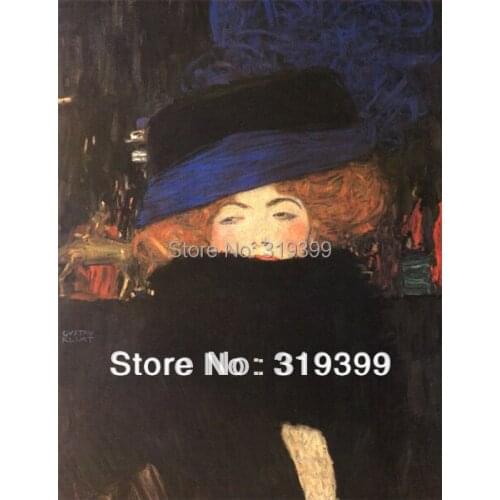 Oil Painting reproduction on Linen Canvas,Lady with Hat and Feather Boa by gustav klimt,100% handmade,Museam Quality