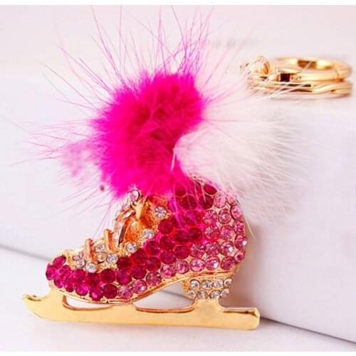 Beautiful Crystal Fur Ball Skates Shoes Keyrings pompom Key Chains Holder Purse Bag For Car Women Gift Keychains Jewelry R091