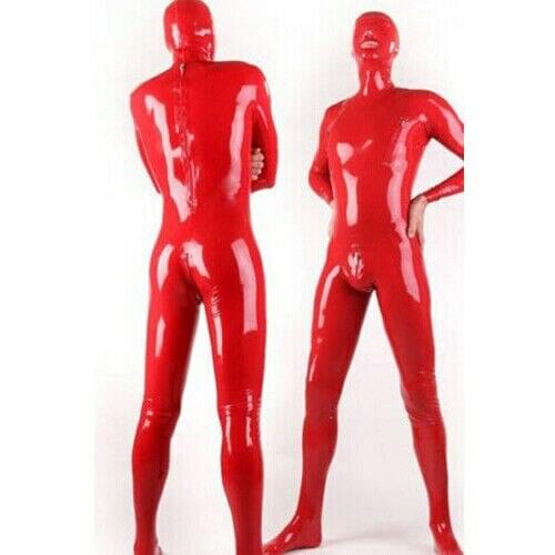 Handmade Red Mens Latex Full Body Catsuit 100% Rubber Hood Tight Clubwear with 3d Crotch Zip