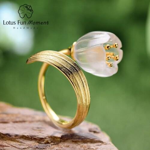 Lotus Fun Moment Real 925 Sterling Silver Natural Crystal Stone Fashion Jewelry Gold Lily of the Valley Flower Rings For Women