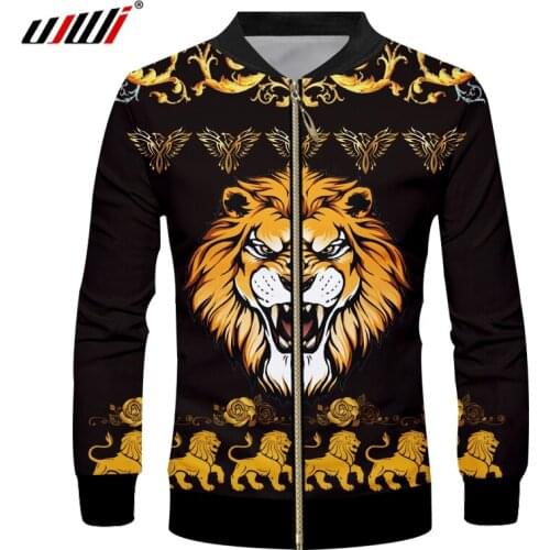 UJWI Men Casual Jacket Harajuku 3d Golden Pattern Lion Printed Coats Man Hiphop Long Sleeve Outwears Punk Clothes Tops Dropship