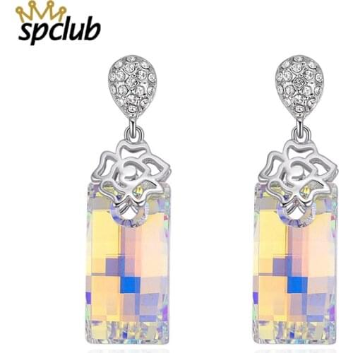 New Crystals from Swarovski Square Long Drop Earrings Women Silver color Dangle Earring Fashion Wedding Party Jewelry