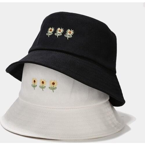 New Three Small Flower Embroidery Fisherman Hat Womens Bucket Hat Summer Panama Beach Cap Unisex Sun Protection Cap