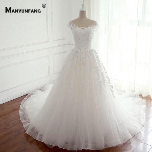 Real Photo Custom Made Sleeveless Chapel Train Wedding Dress Luxury Scoop Neck Embroidery Appliques Tulle Bridal Ball Gown