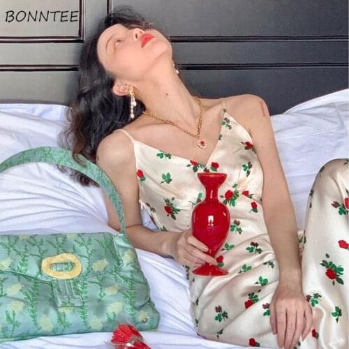 Dress Women Oversize French Retro Summer Floral Sexy V-neck Backless Slim Spaghetti Strap Sundress Elegant Party All-match Chic