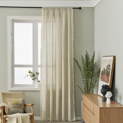 1.5M Width Bedroom Semi-shading Curtain Cotton Linen Solid Color Retro Simple Tassel Curtain