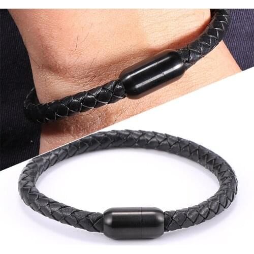 Simple Thin Genuine Leather Bracelet For Men Black White Stainless Steel Magnetic Buckle Bangle Trendy Bracelets Male Jewelry