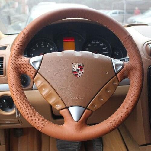 All Brown Leather & Brown Thread Steering Wheel Hand Sewing Wrap Cover Fit For Porsche Cayenne 2006-2009