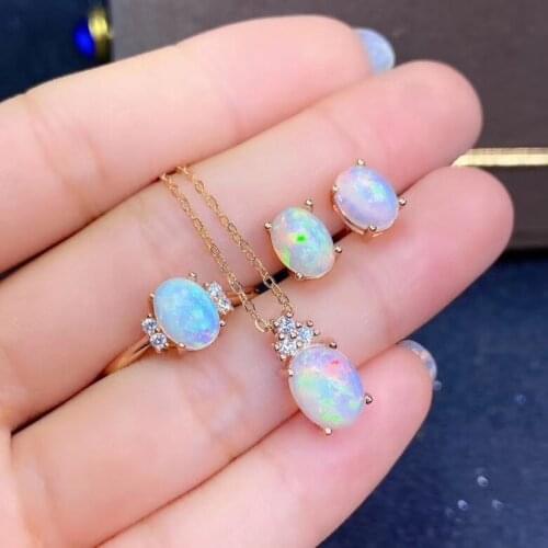 The Best Gift for Your loved wife Opal Set 925 sterling silver Natural and Real Opal Set 1pc Ring,2pcs Earring,1pc Pendant