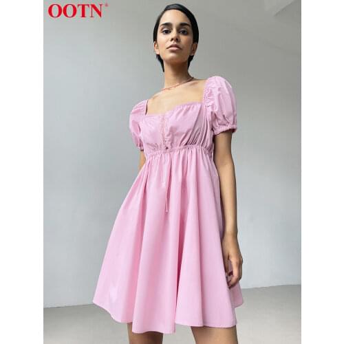 OOTN Sweet Pink Square Neck Puff Sleeve Summer Mini Dress Women Lace Up Pleated A-Line Cotton Solid Color Lovely Dress Female