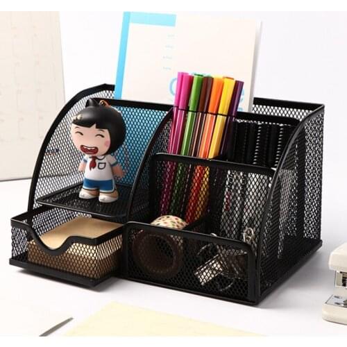 Mesh Desk Organizer Pen Holder Accessories Storage Caddy with 6 Compartments and Drawer Office Supplies Gift 1 PCS