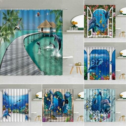 Tropical Sea Scenery Shower Curtain Dolphin Fish Wood Bridge Ocean Underwater Animal World Bathroom Decor Waterproof Curtains