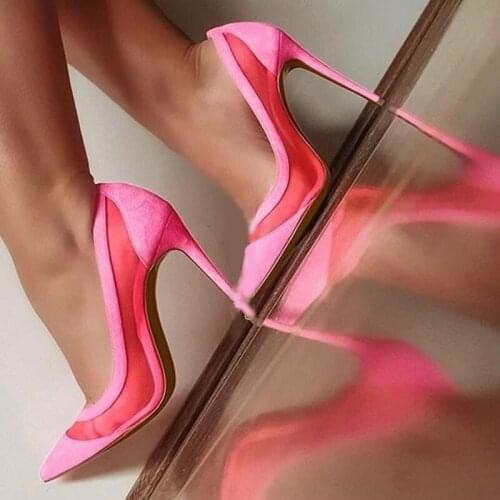 Sexy Suede Mesh Patchwork Shoes Pointed Toe 12CM Stiletto Heels Dress Shoes Slip-on High Heel Banquet Wedding Shoes Bride