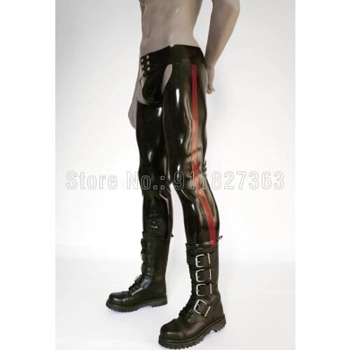 100% Latex Jeans Tight Chaps Sexy Latex Rubber Pants with Red Strips Long Trousers Mens Sexy Latex Pants (NO Briefs) Customized